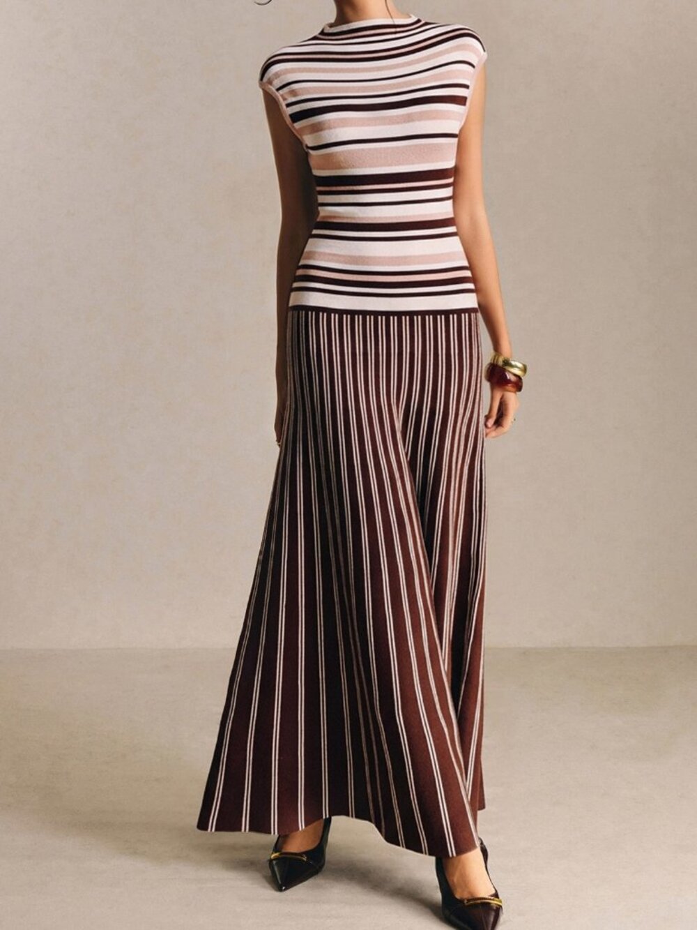 Khaki Preppy Women's Striped Cap Sleeve Cinched Waist Long Knit Dress - Picture 9 of 11